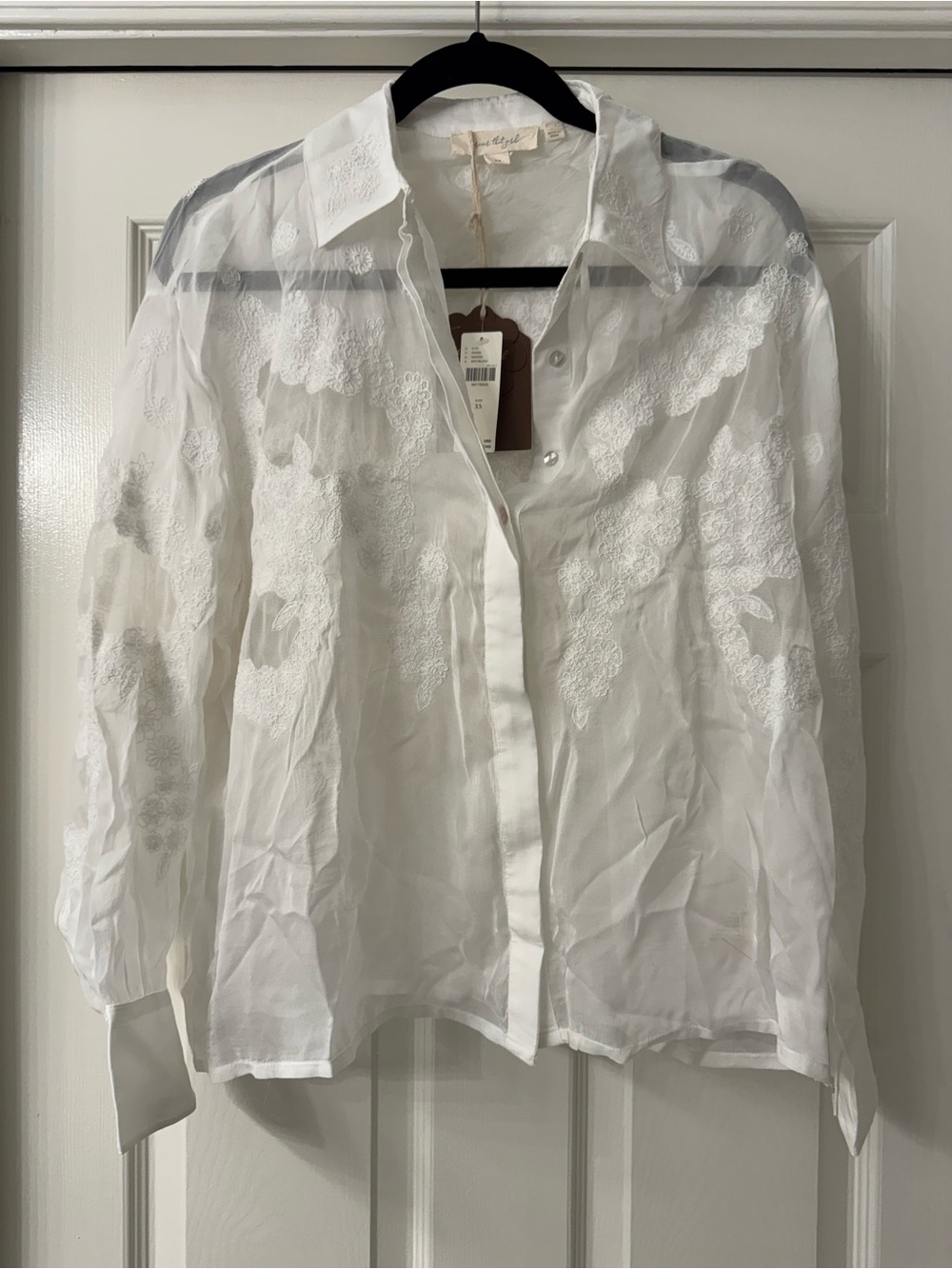 Anthropologie White Sheer Floral Embroidered Button-Down